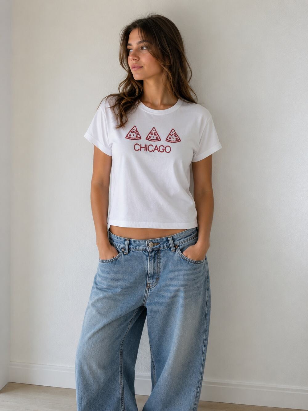 Chicago Pizza Embroidered Crop Top White Red Sz Small 100% cotton